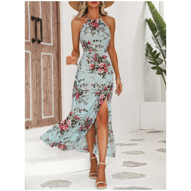 Halstertopjurk met split en bloemenprint