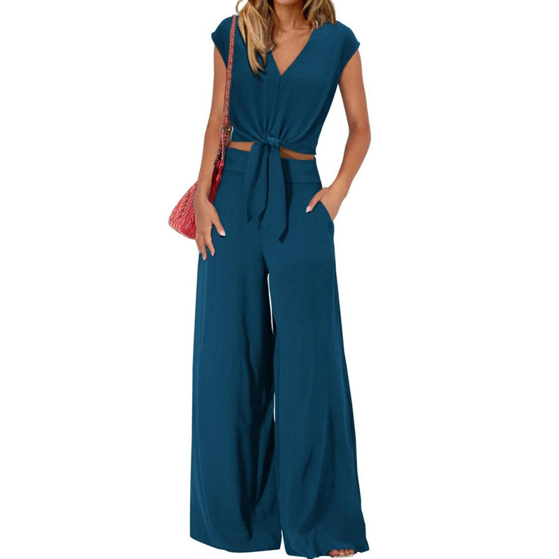 Conjunto de dos piezas de lino para mujer - top con lazo delantero y pantalones de pierna ancha de cintura alta