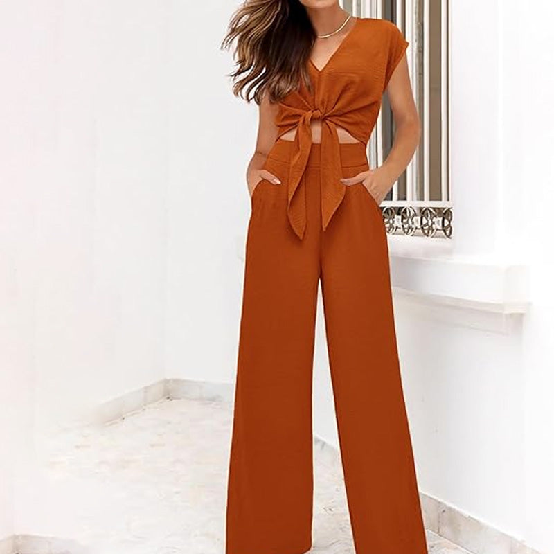 Conjunto de dos piezas de lino para mujer - top con lazo delantero y pantalones de pierna ancha de cintura alta