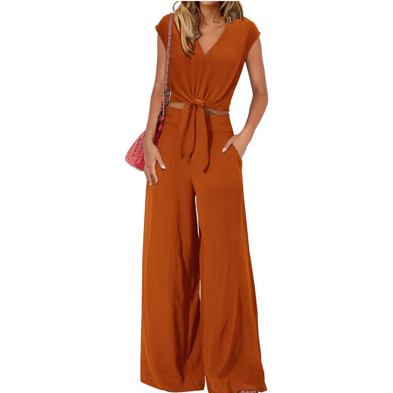 Conjunto de dos piezas de lino para mujer - top con lazo delantero y pantalones de pierna ancha de cintura alta