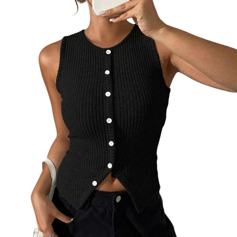 Women's Ribbed Knit Button-Front Sleeveless Vest