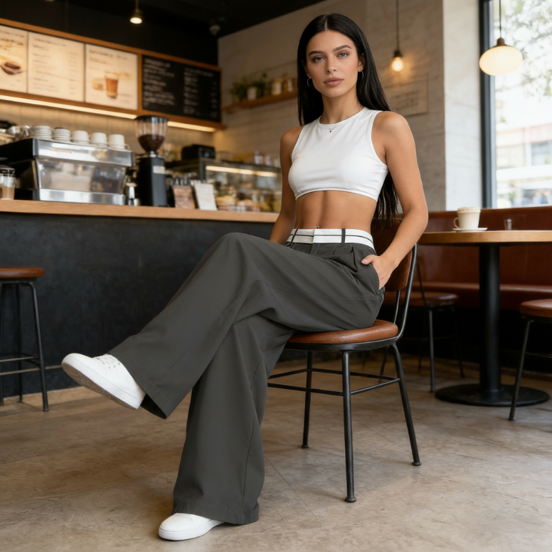 Women's Wide-Leg Suit Pants with Contrast Waistband