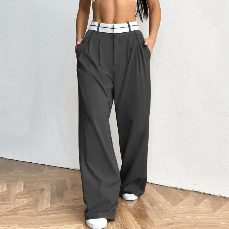 Women's Wide-Leg Suit Pants with Contrast Waistband