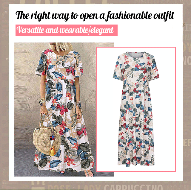 New Style Round Neck Casual Women's Retro Printed Loose Long Skirt