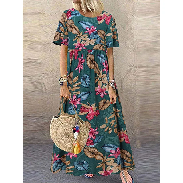 New Style Round Neck Casual Women's Retro Printed Loose Long Skirt