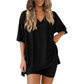 Conjunto de camiseta de cuello en V y pantalones cortos para estar en casa ¨C extragrande, vaporoso y de dos piezas