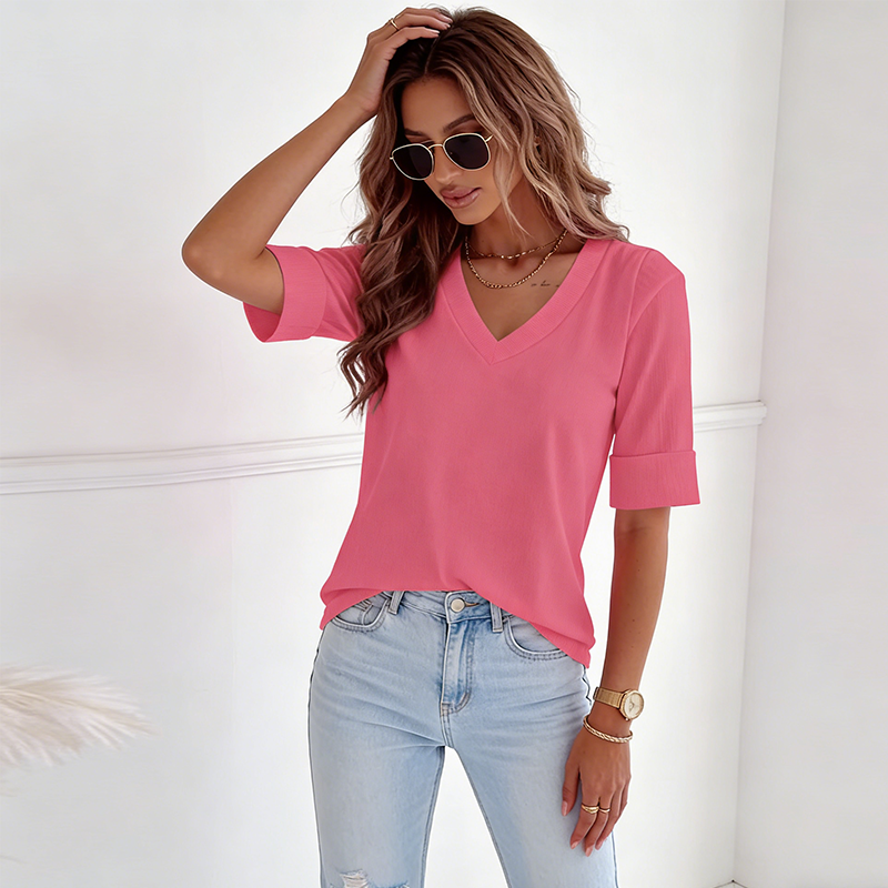 Women's V-Neck Cuffed Sleeve Ribbed T-Shirt