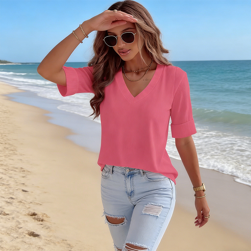 Women's V-Neck Cuffed Sleeve Ribbed T-Shirt