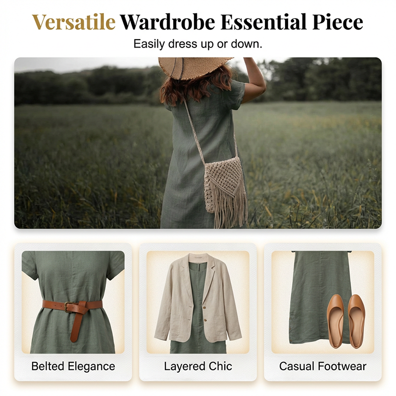 Women's Casual Cotton Linen Dress with Pockets