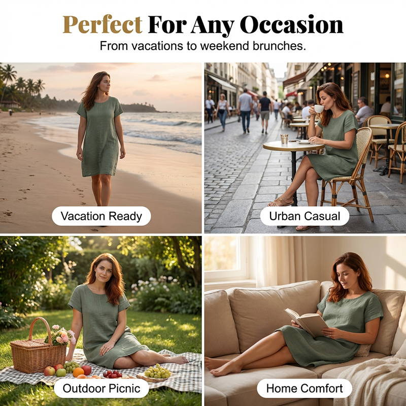 Women's Casual Cotton Linen Dress with Pockets