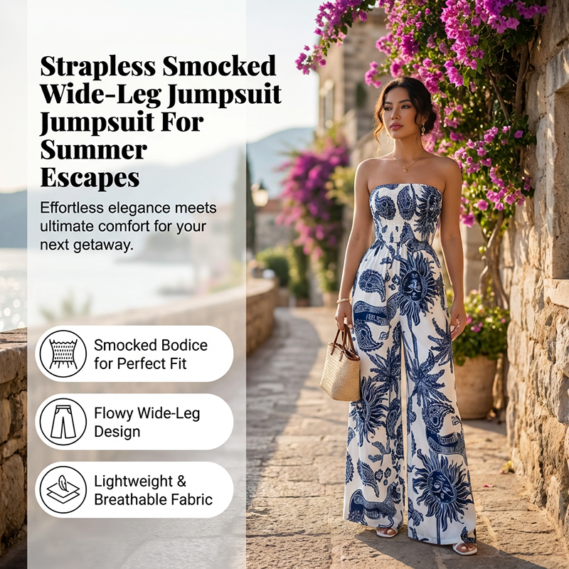 Jumpsuit met wijde pijpen, smockwerk en zonder bandjes