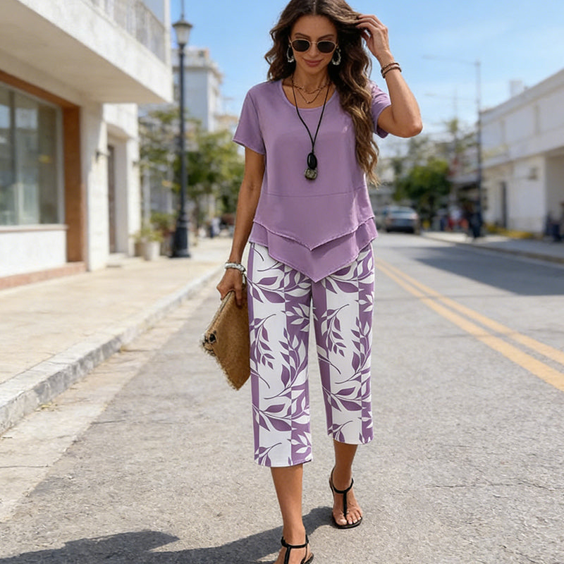 Conjunto casual de top tipo túnica en capas con cuello redondo y pantalones de pierna ancha