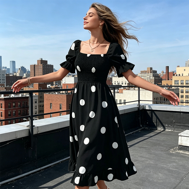Abito da donna con pois, scollo quadrato e arricciature