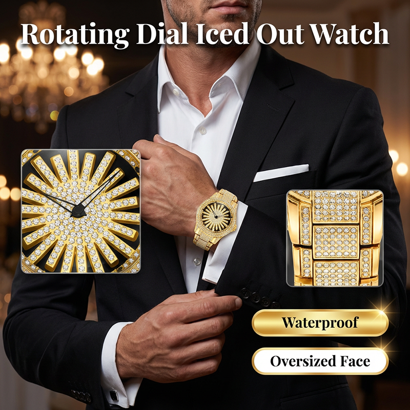 Men's Iced-Out Watch with Rotating Dial ¨C Sparkling Crystals, Precise Quartz & Butterfly Clasp
