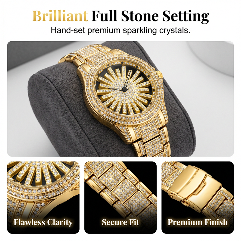 Men's Iced-Out Watch with Rotating Dial ¨C Sparkling Crystals, Precise Quartz & Butterfly Clasp