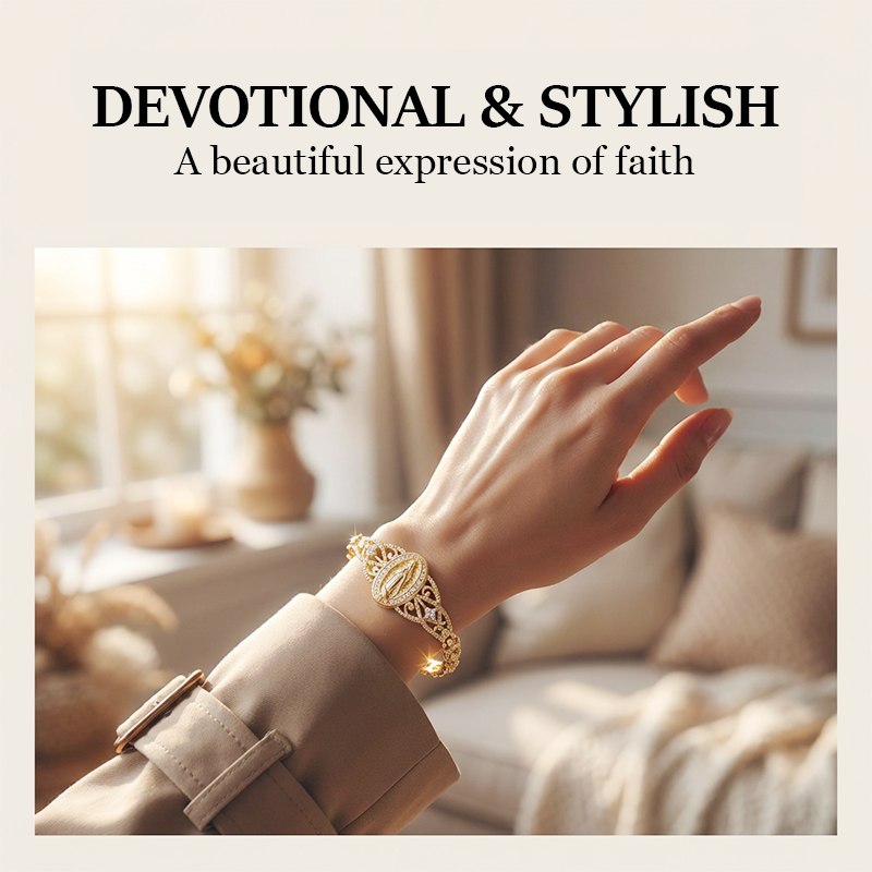 Pulsera elegante de la Virgen María con flores caladas - diseño de filigrana, chapada en oro e inspirada en la fe
