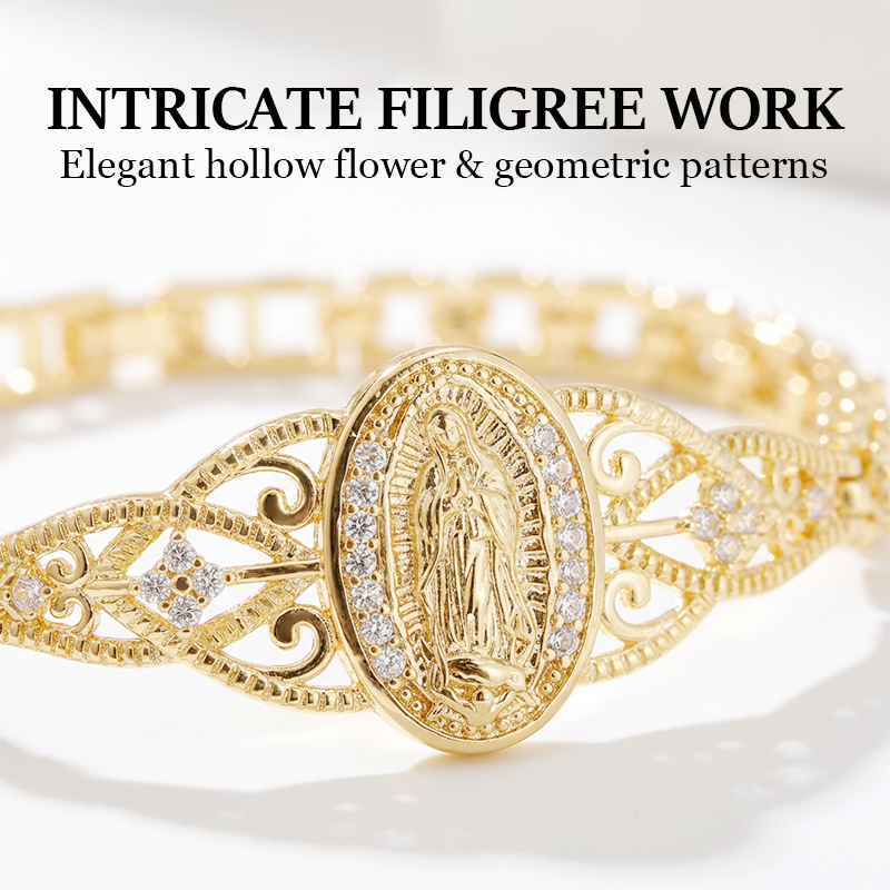 Pulsera elegante de la Virgen María con flores caladas - diseño de filigrana, chapada en oro e inspirada en la fe