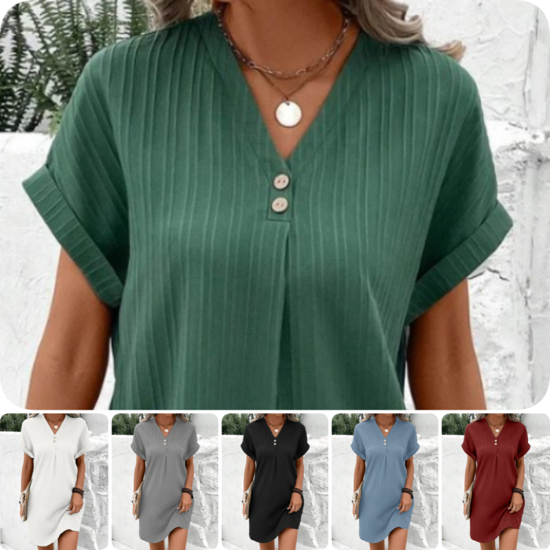 Vestido sencillo de manga corta y cuello en V, de color liso, para mujer