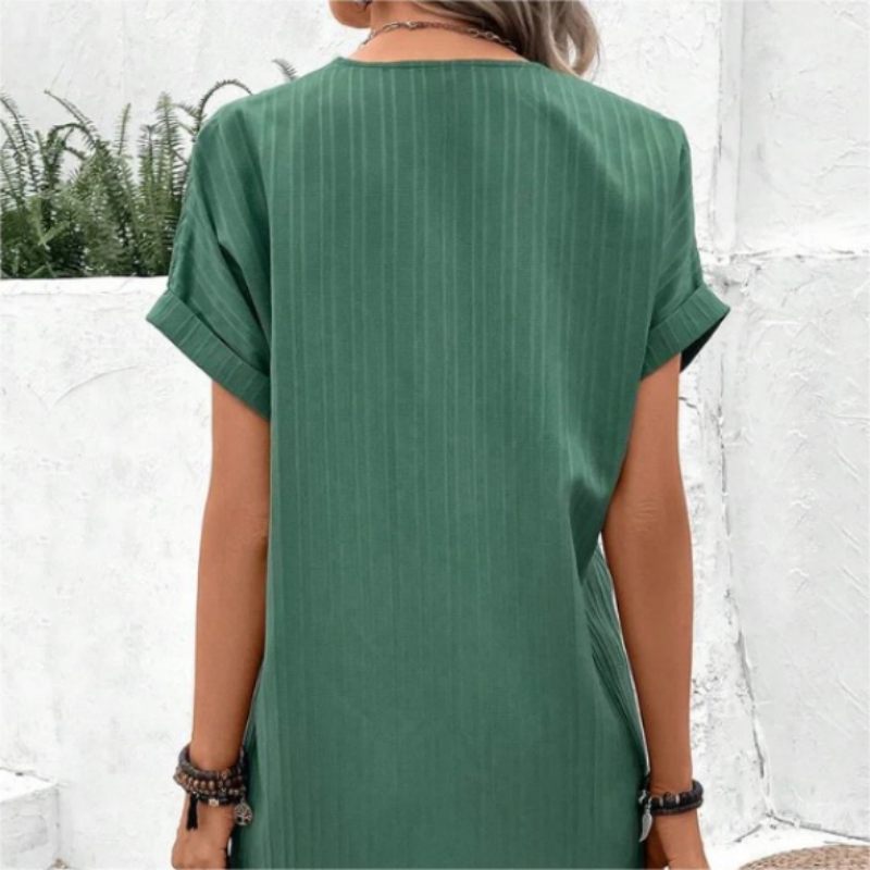 Vestido sencillo de manga corta y cuello en V, de color liso, para mujer