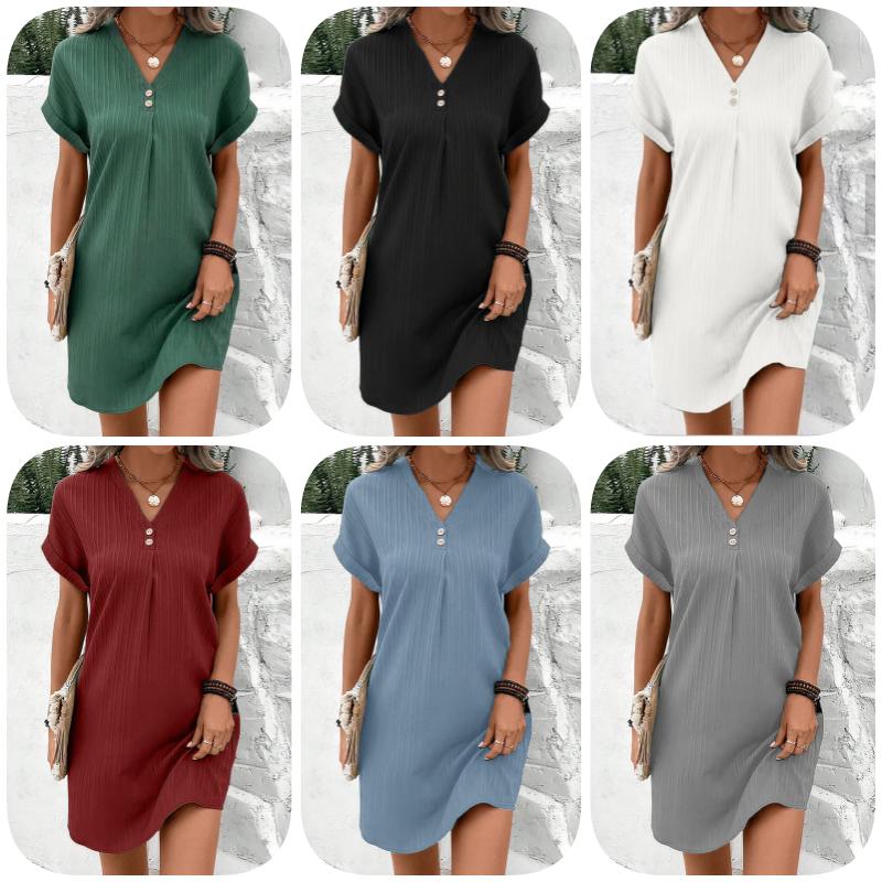 Vestido sencillo de manga corta y cuello en V, de color liso, para mujer