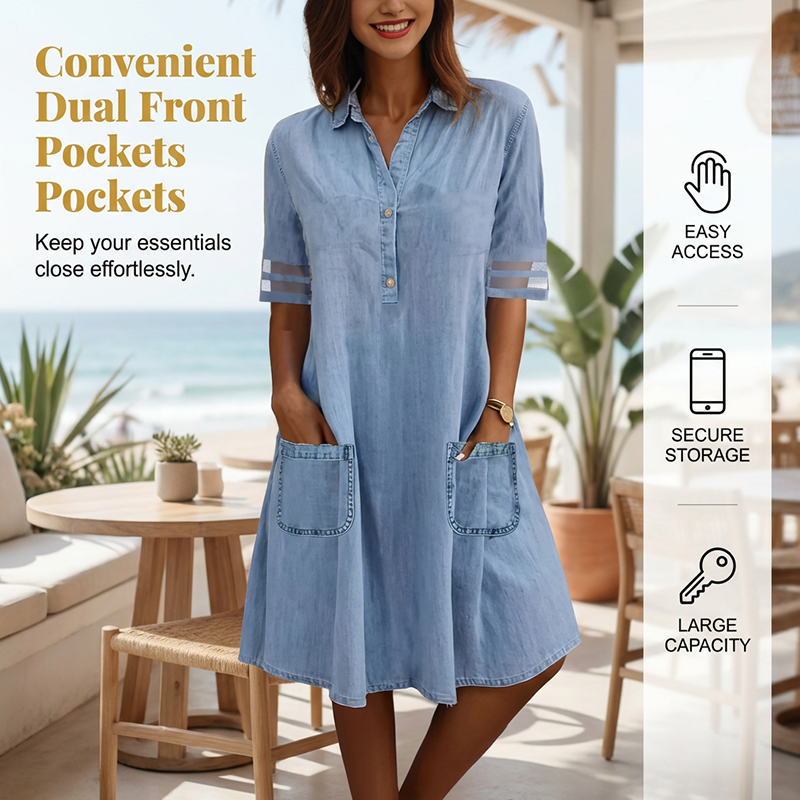 Denim A-lijnjurk met comfortabele pasvorm en mouwen met mesh-details