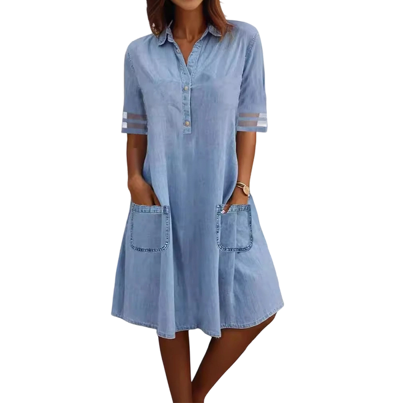Denim A-lijnjurk met comfortabele pasvorm en mouwen met mesh-details