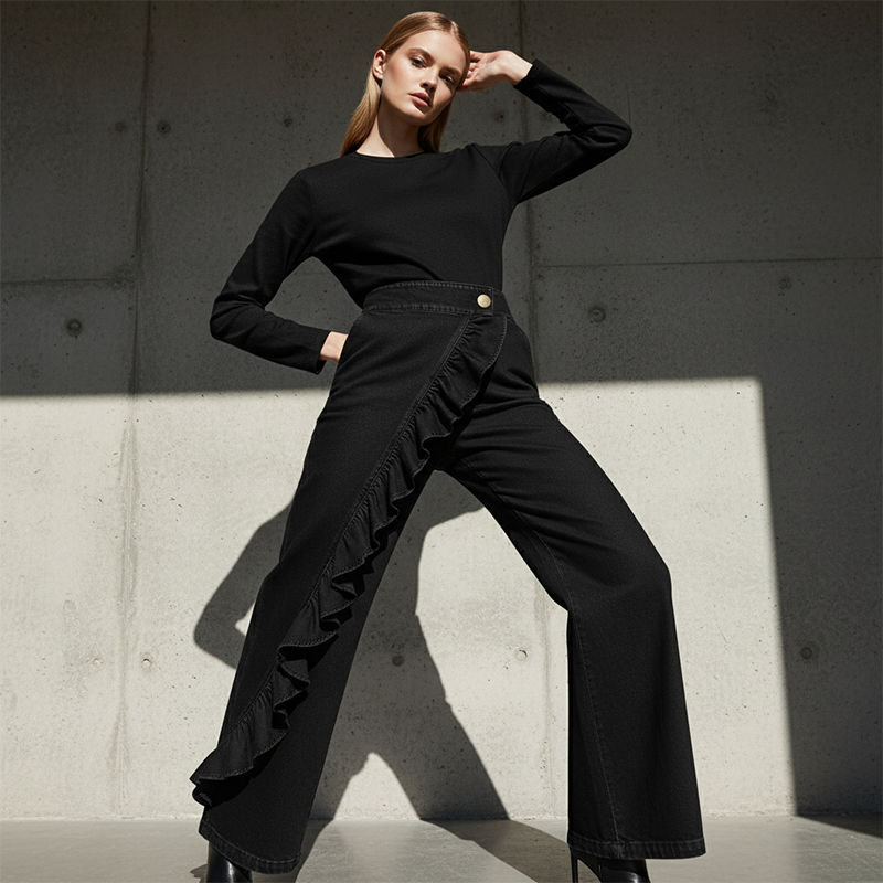 Women¡¯s Asymmetrical Ruffle Wide-Leg Denim Pants