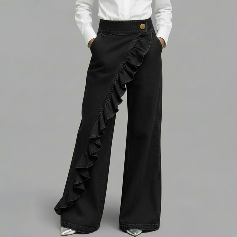 Women¡¯s Asymmetrical Ruffle Wide-Leg Denim Pants