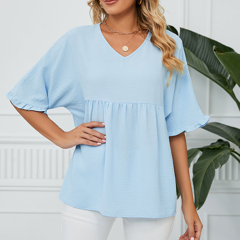 Women's V Neck Short Sleeve Casual Blouses Tops