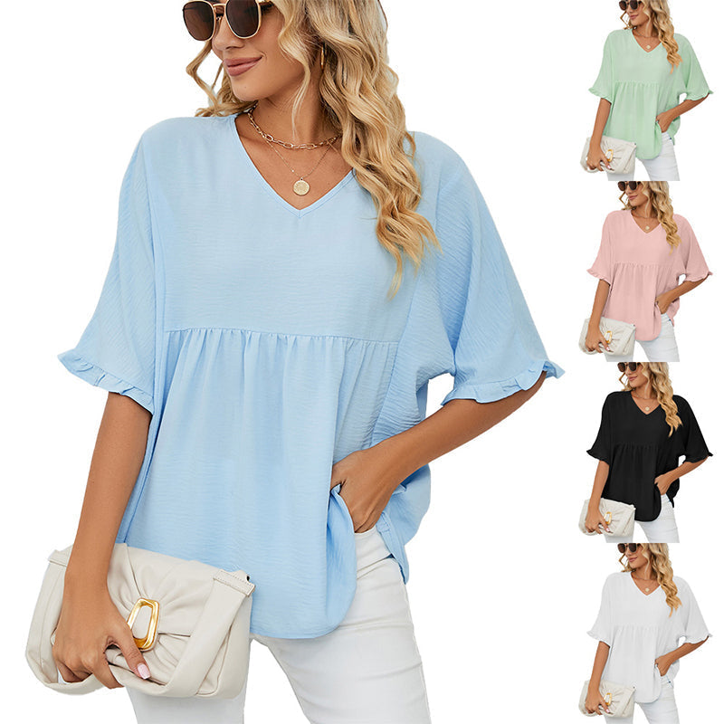 Women's V Neck Short Sleeve Casual Blouses Tops