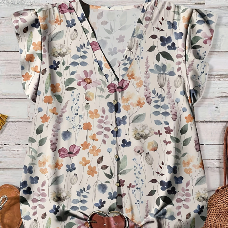 Women's V-Neck Floral Print Button-Down Blouse
