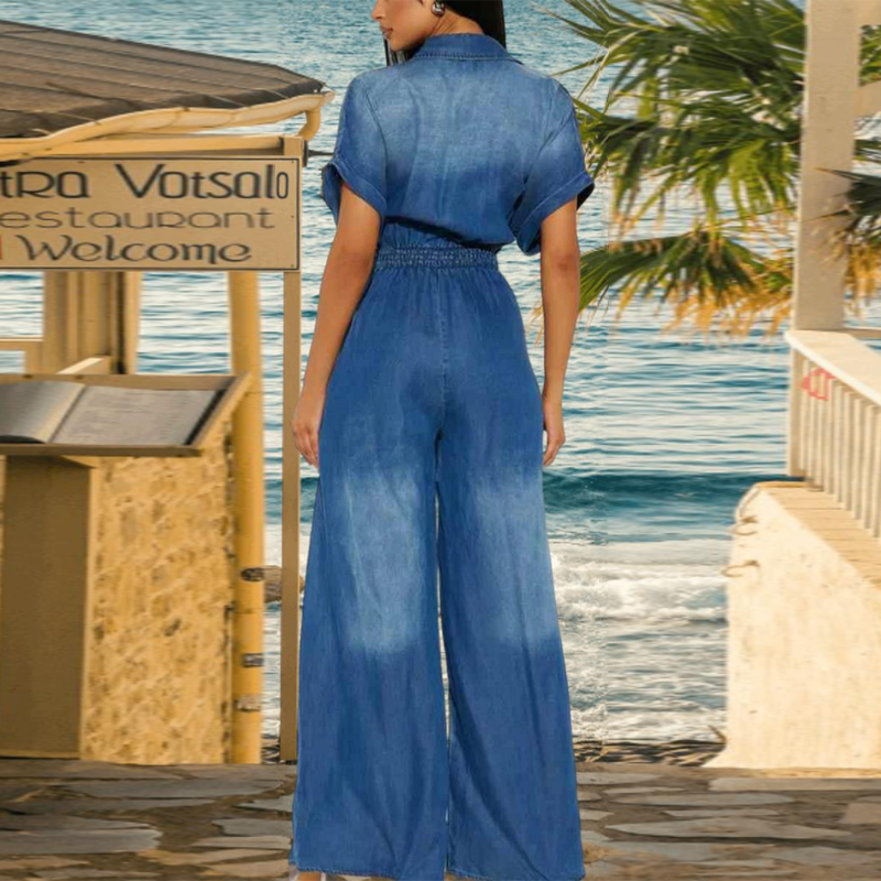 Denim jumpsuit voor dames met kraag en wijde pijpen