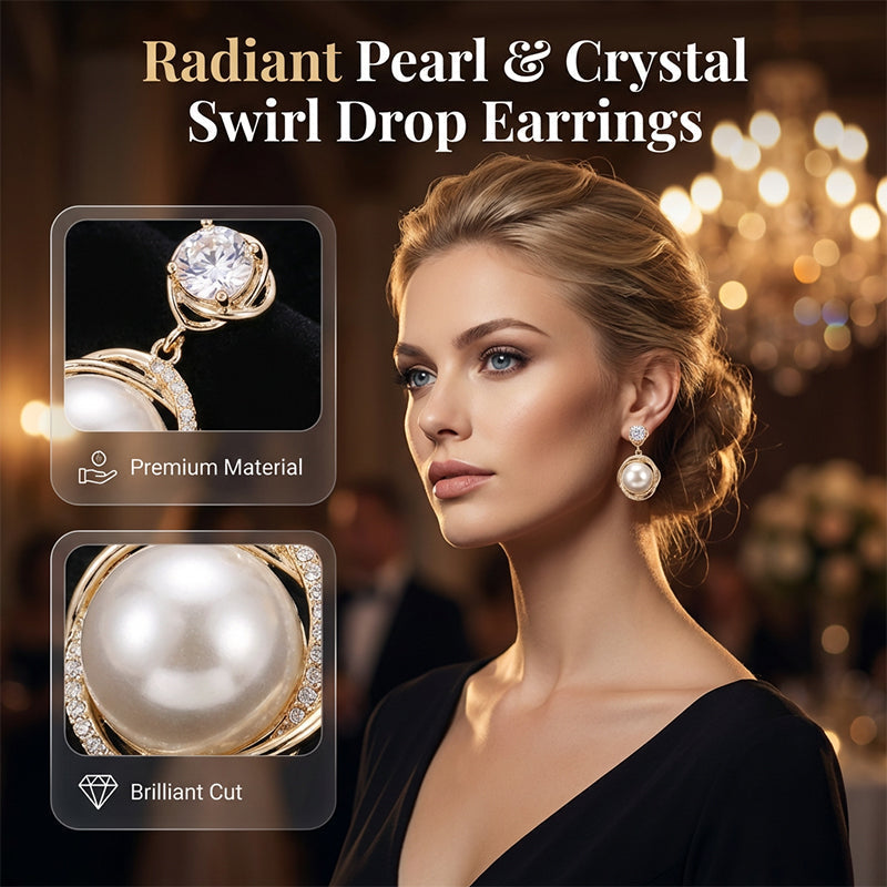 Pendientes colgantes elegantes de perlas y cristales con diseño de espiral gratis