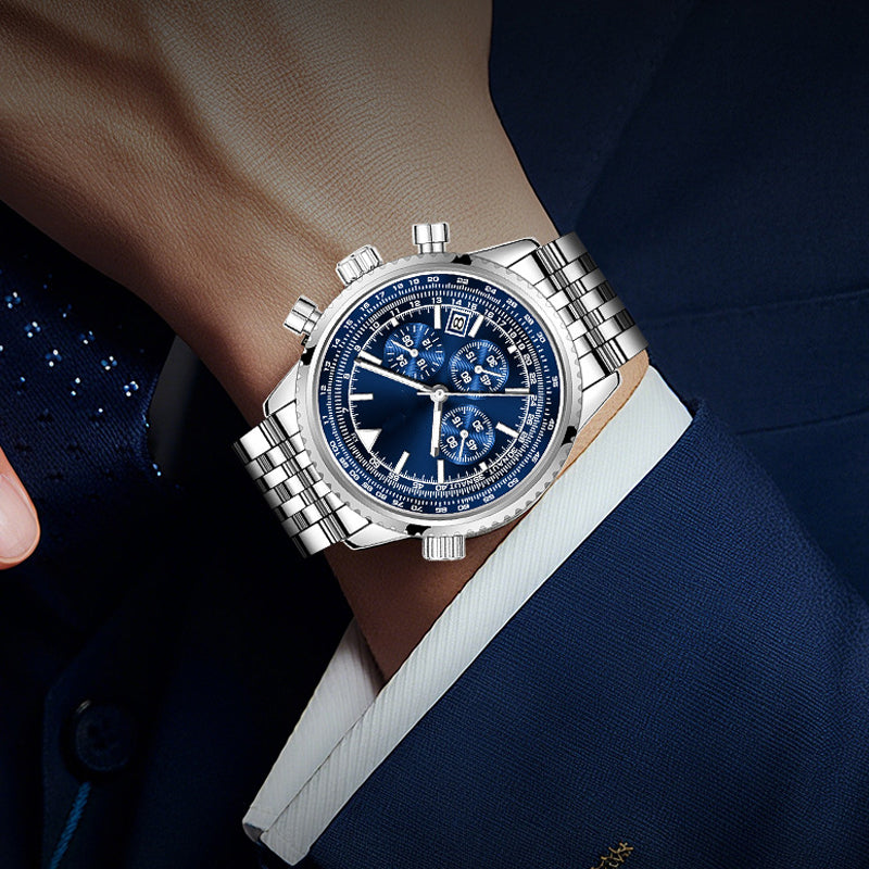 Reloj clásico multifunción de negocios para hombre - acero inoxidable, cronógrafo y resistente al agua hasta 30M