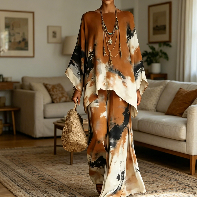 Conjunto de pantalones holgados de pierna ancha y top con estampado abstracto