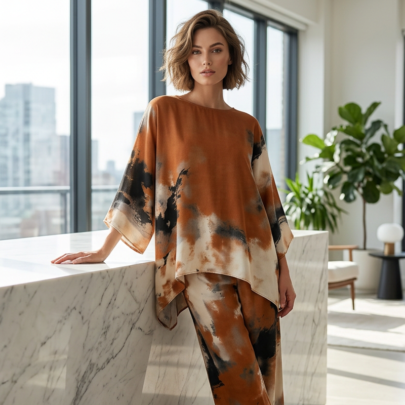 Conjunto de pantalones holgados de pierna ancha y top con estampado abstracto