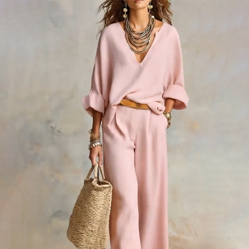 Women's V-Neck Top & Wide-Leg Pants 2-Piece Set