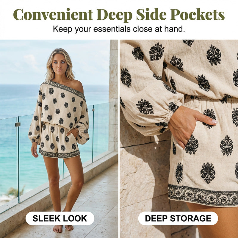 Conjunto de mono estampado bohemio con hombros descubiertos