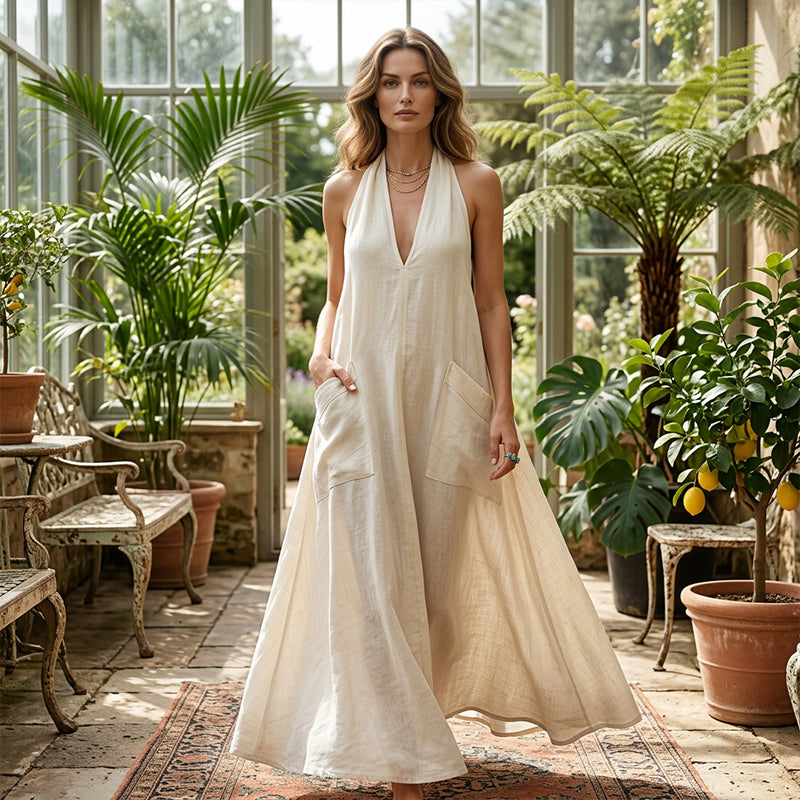 Casual midi-jurk met halter-V-hals voor dames