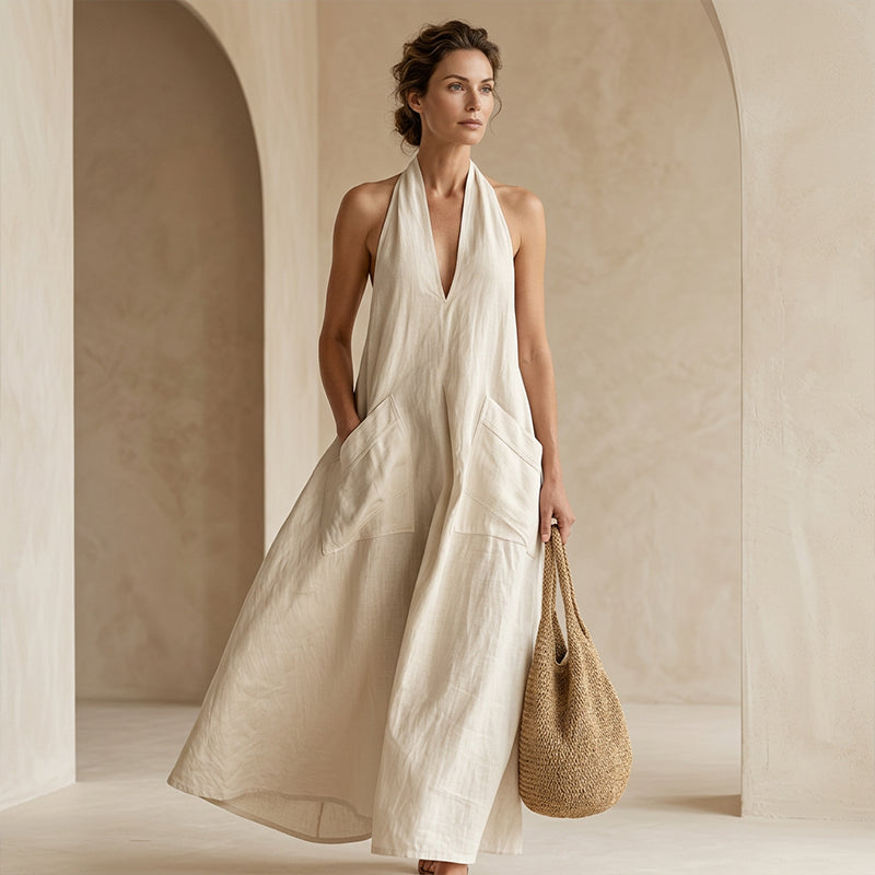 Casual midi-jurk met halter-V-hals voor dames