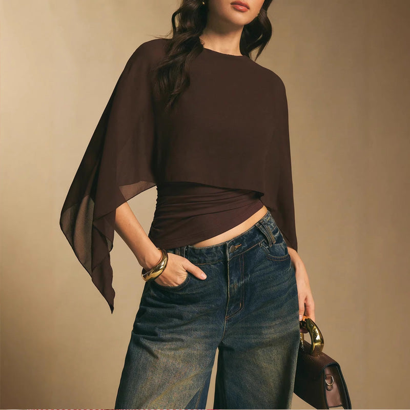 Novedad: top elegante de gasa con mangas tipo capa para mujer