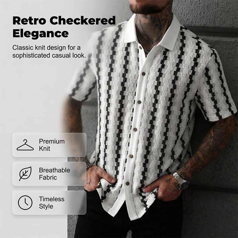 Camicia da uomo in maglia geometrica rétro a maniche corte