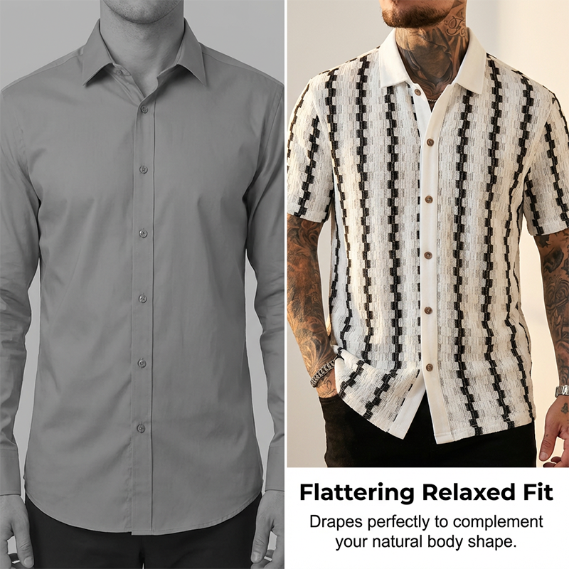 Camicia da uomo in maglia geometrica rétro a maniche corte