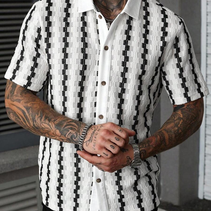 Camicia da uomo in maglia geometrica rétro a maniche corte