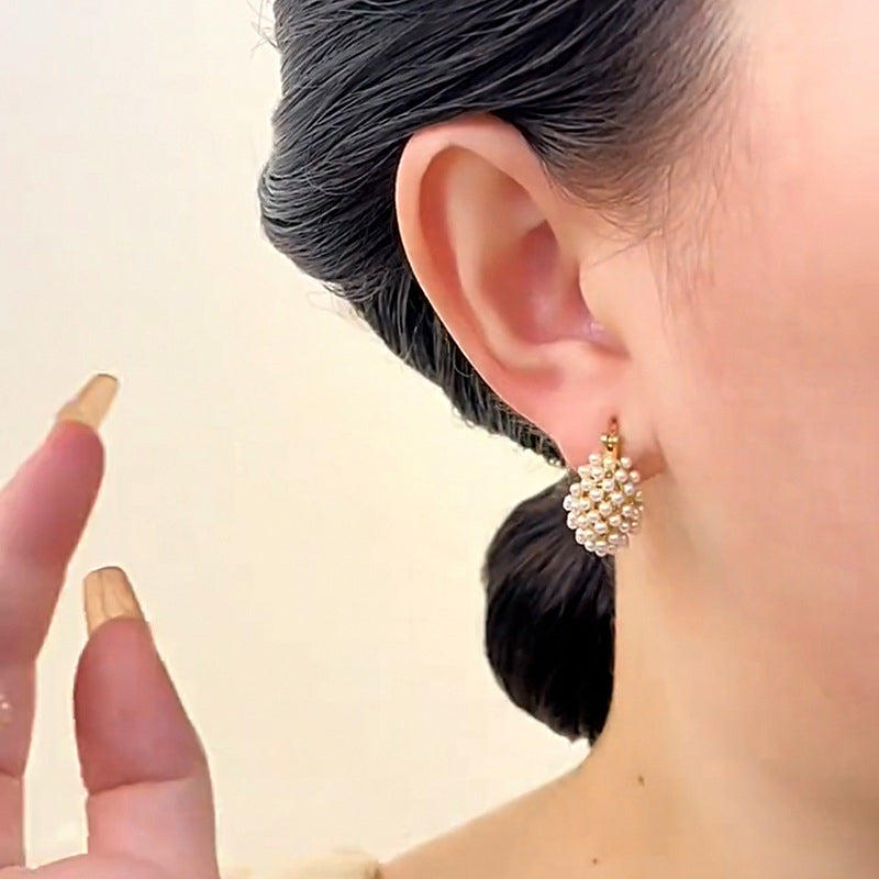 Faux Pearl Basket Hoop Earrings