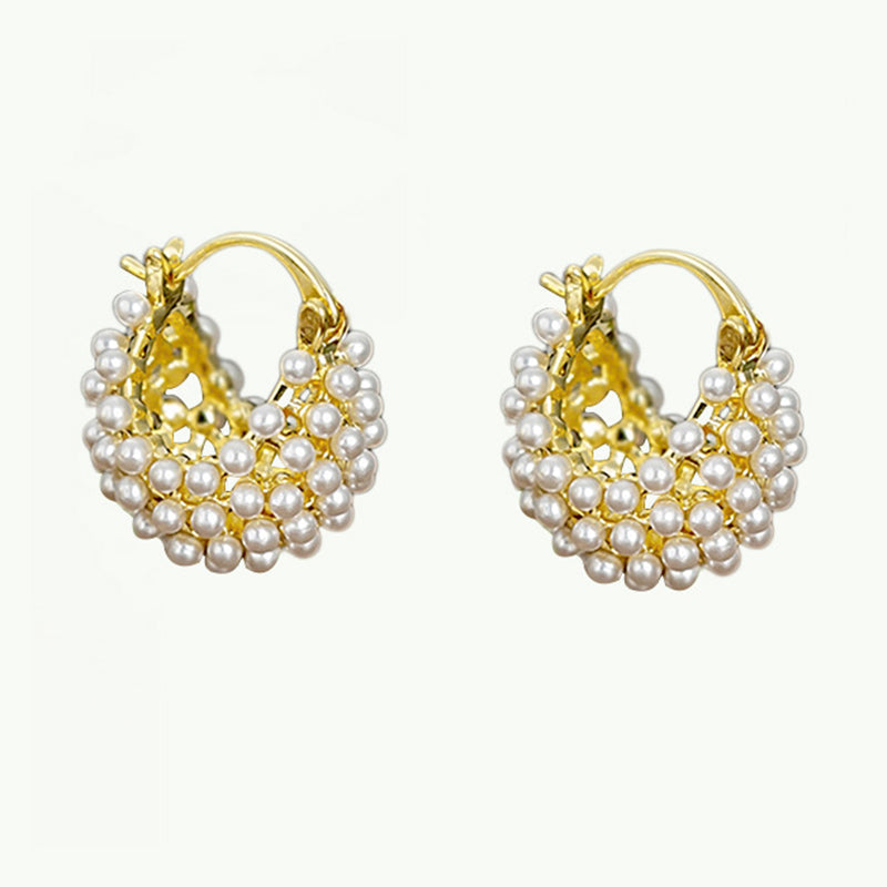 Faux Pearl Basket Hoop Earrings