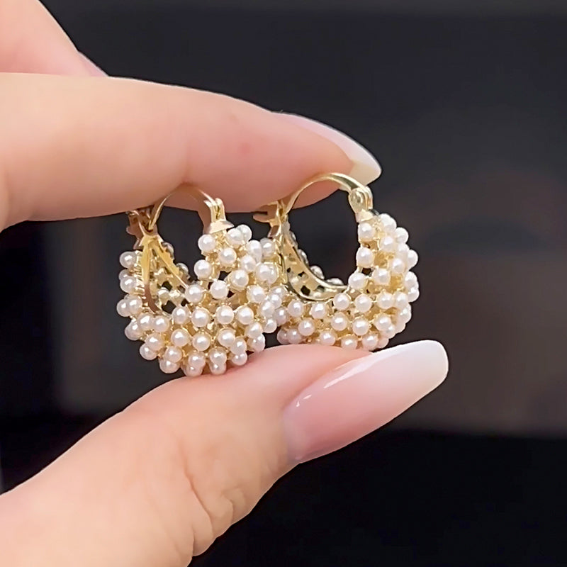 Faux Pearl Basket Hoop Earrings