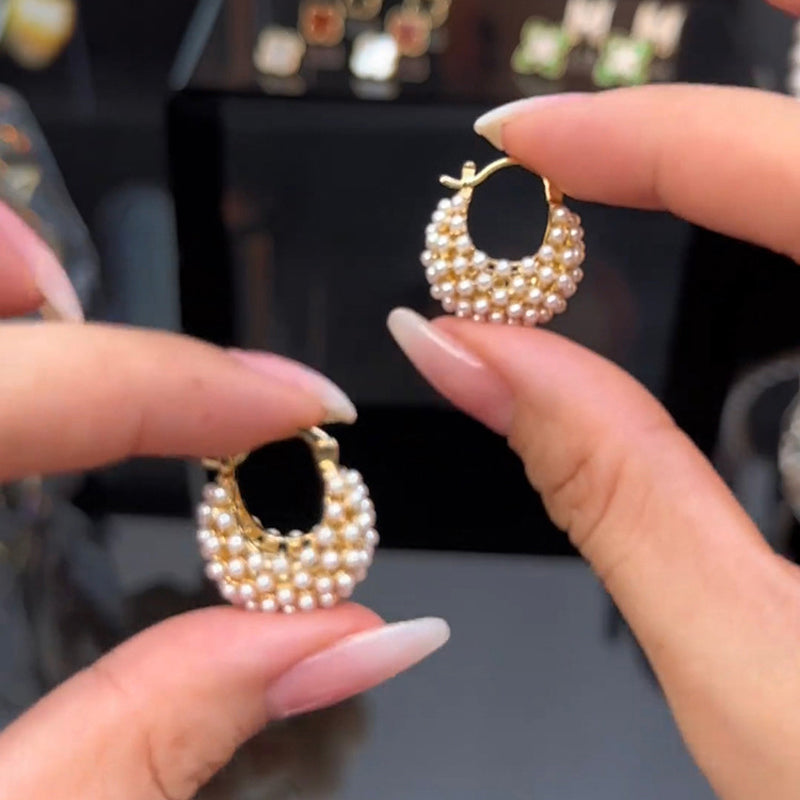 Faux Pearl Basket Hoop Earrings