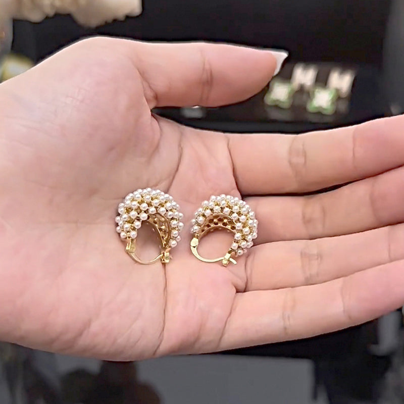 Faux Pearl Basket Hoop Earrings