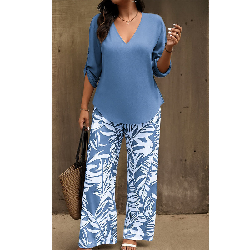 Summer Cool Deal: Women's V-Neck Blouse & Printed Wide-Leg Pants Set